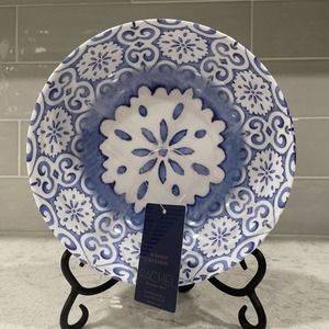 SET 4 RACHEL ROY Melamine BLUE & White Scroll Spanish Tile 7” BOWLS Salad Cereal